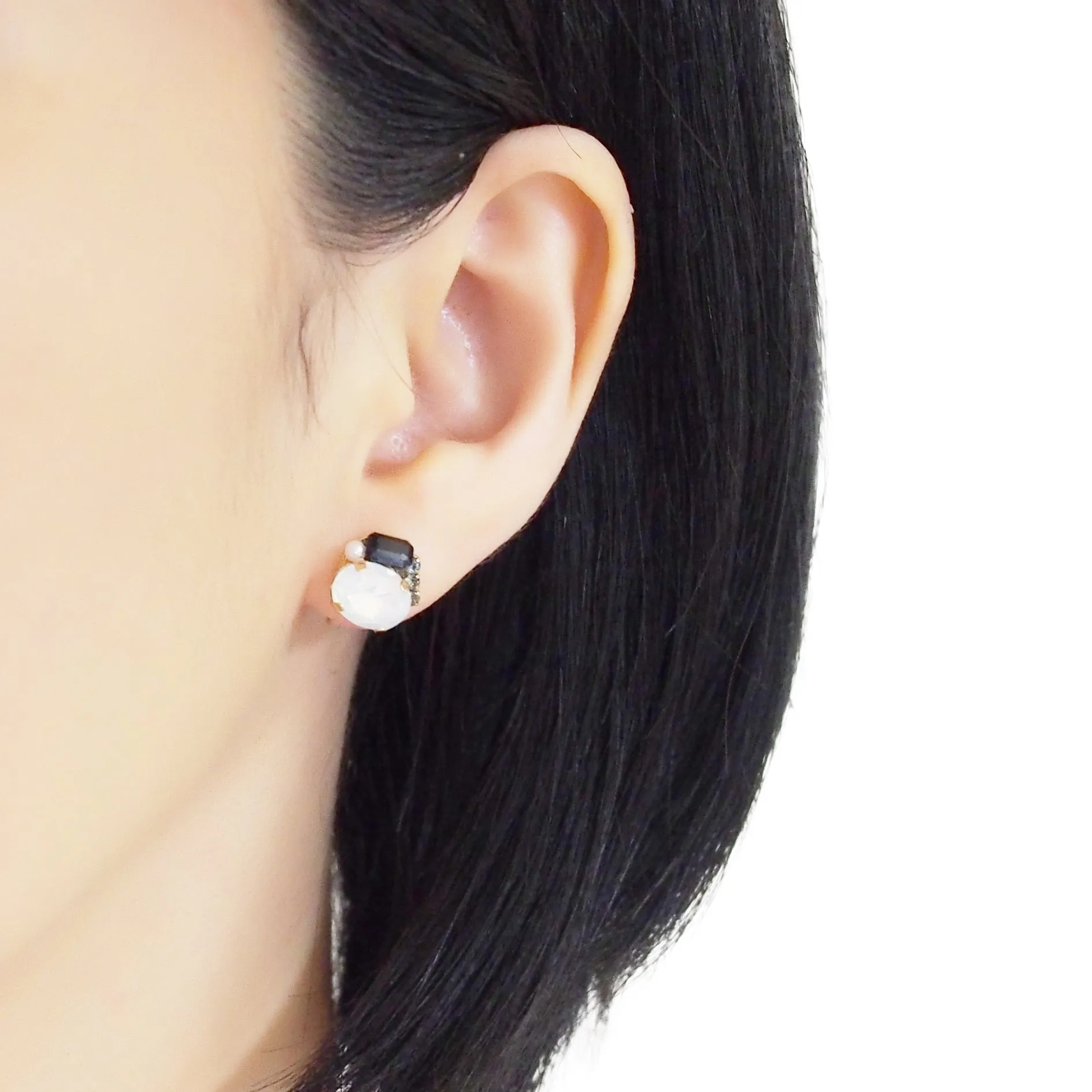 White and Black Rhinestone Invisible Clip On Stud Earrings ( Black )