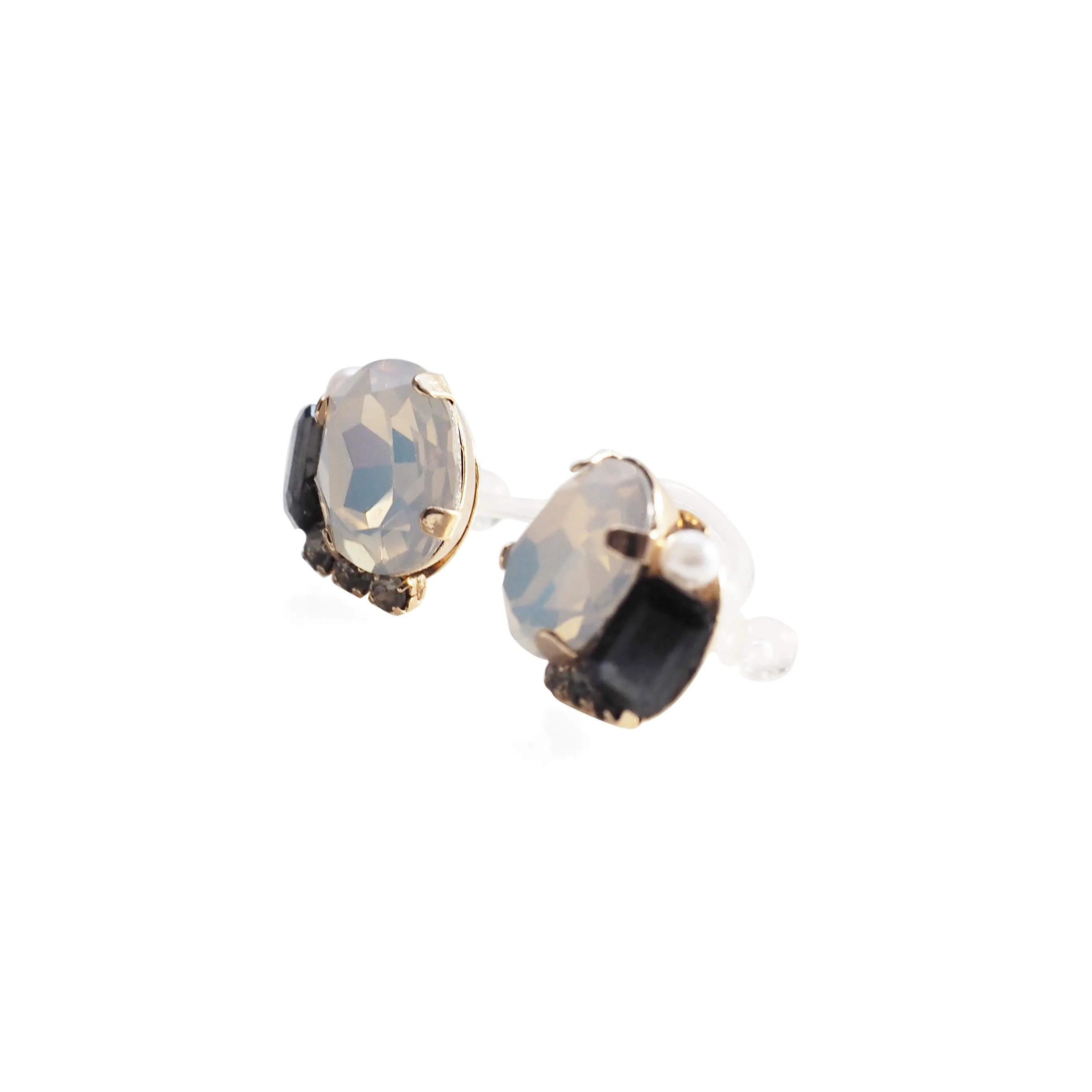 White and Black Rhinestone Invisible Clip On Stud Earrings ( Black )