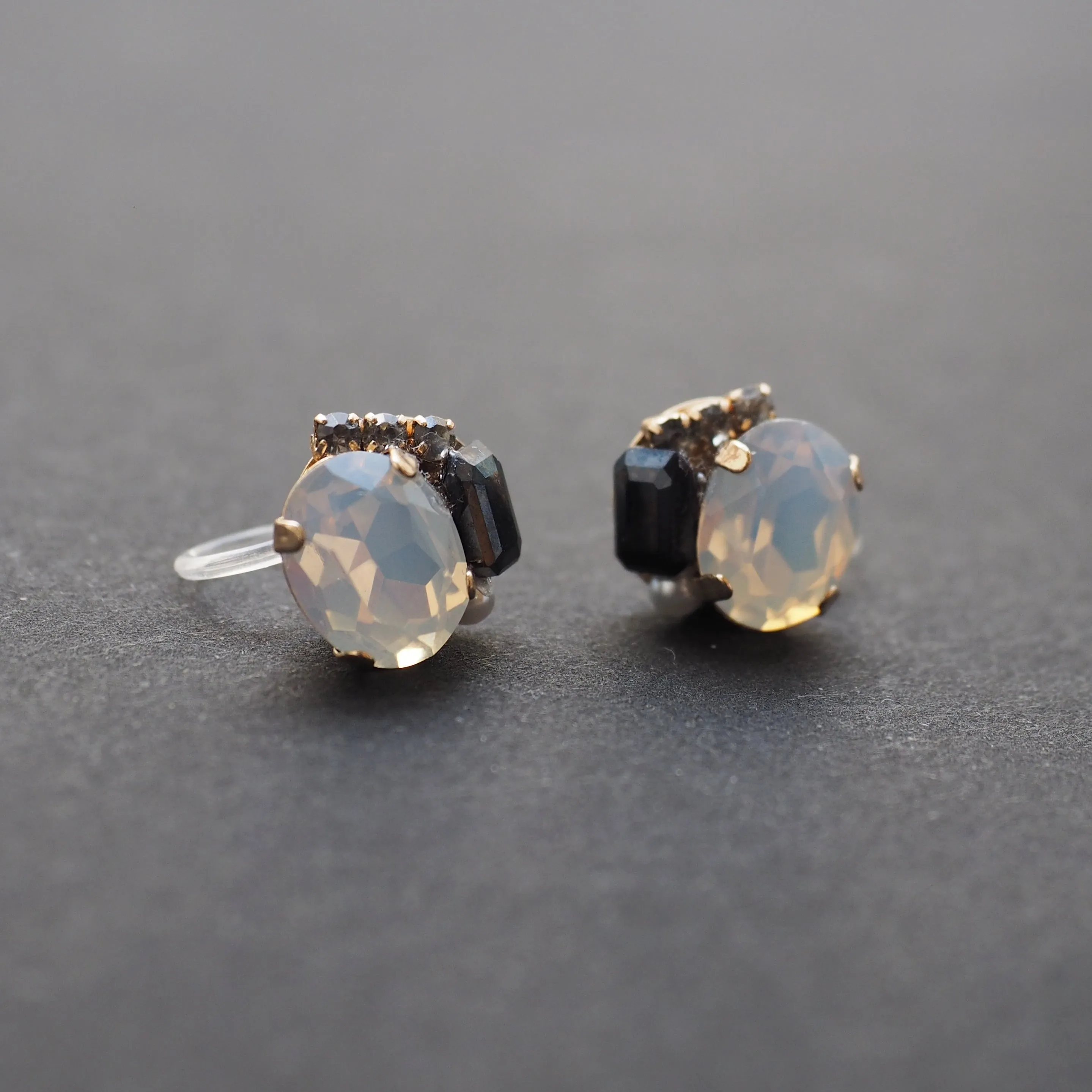 White and Black Rhinestone Invisible Clip On Stud Earrings ( Black )