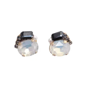 White and Black Rhinestone Invisible Clip On Stud Earrings ( Black )