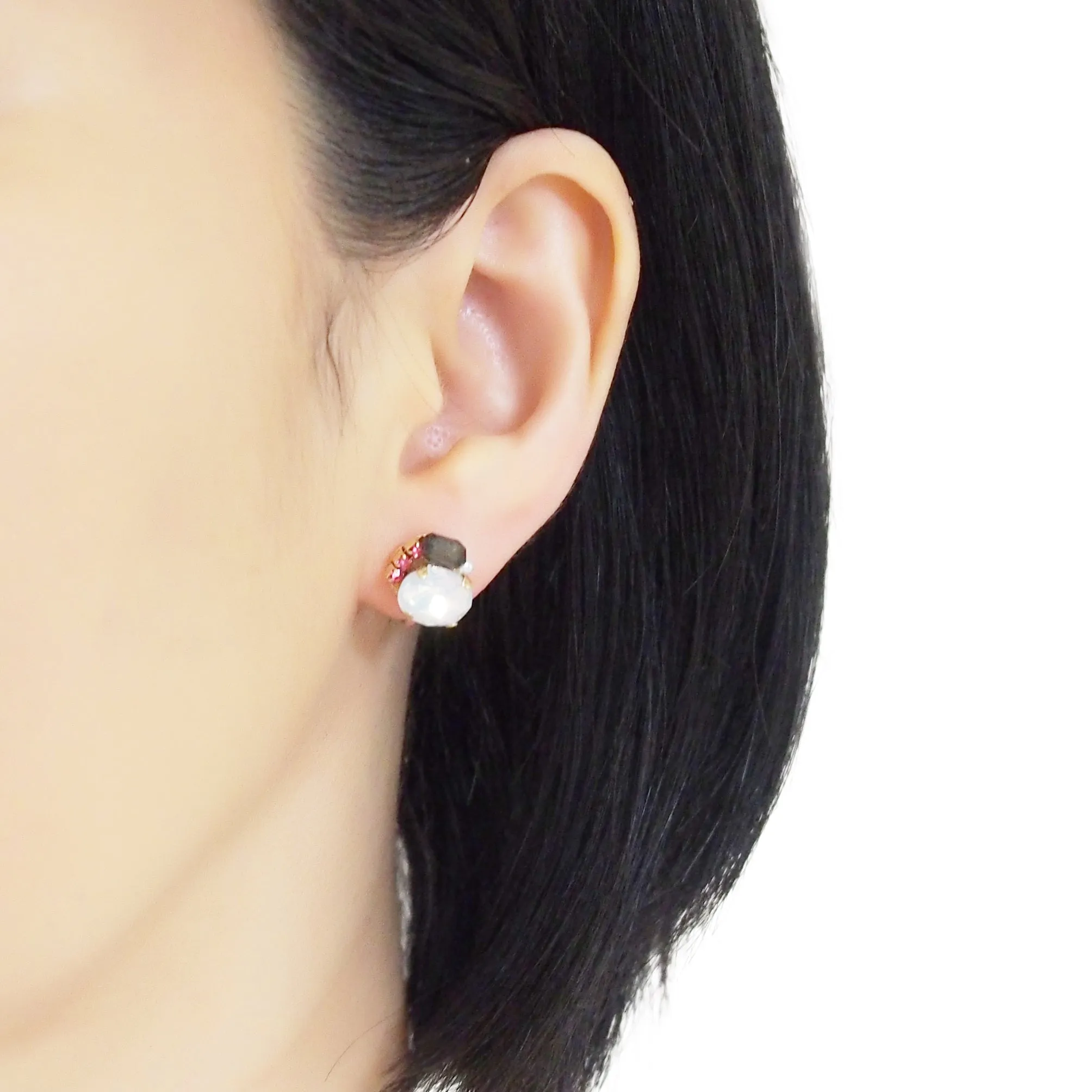 White and Black Rhinestone Invisible Clip On Stud Earrings ( Pink )