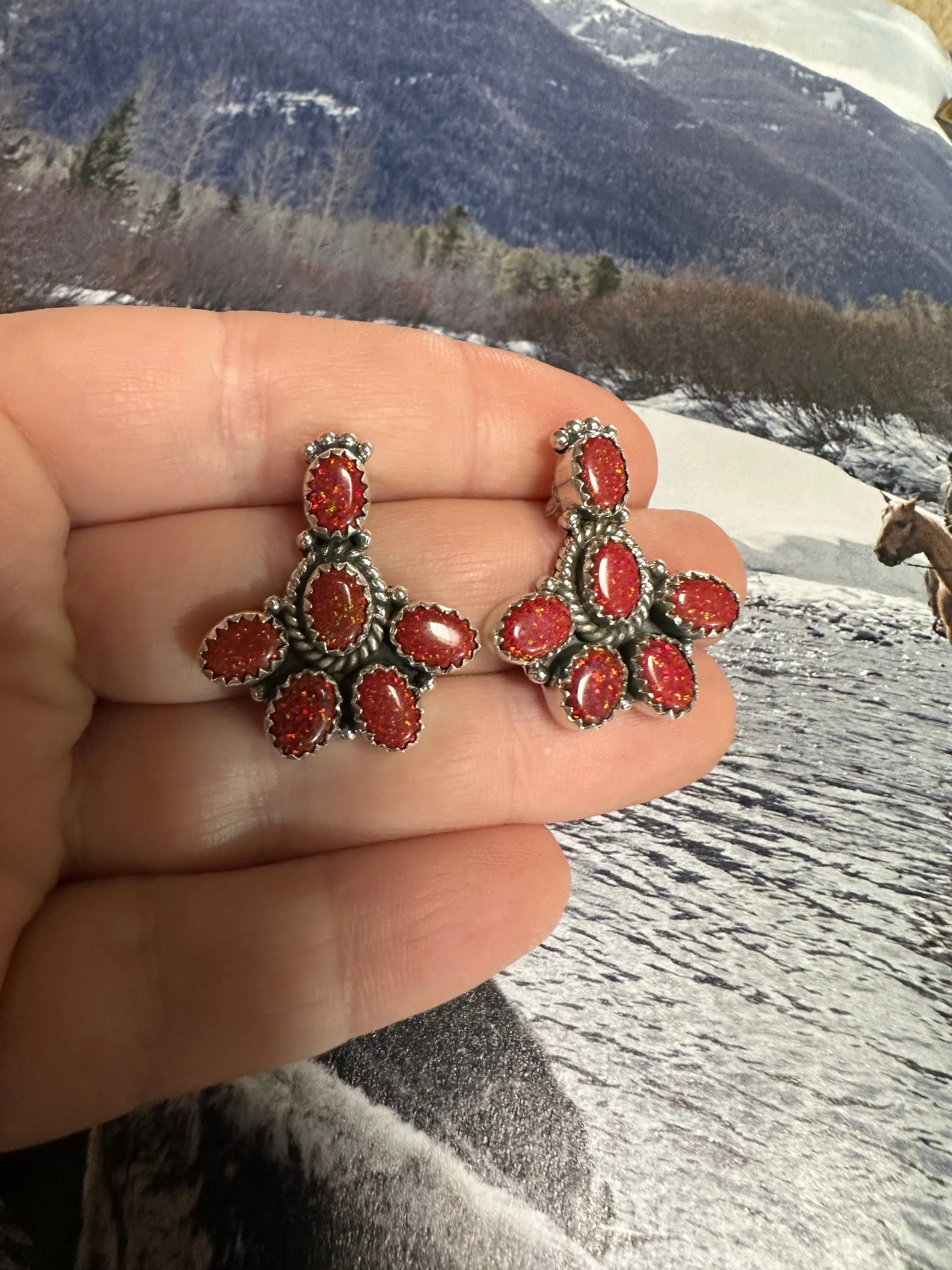 Wild Flower Whisper Red Fire Opal and Sterling Silver Handmade Post Earrings