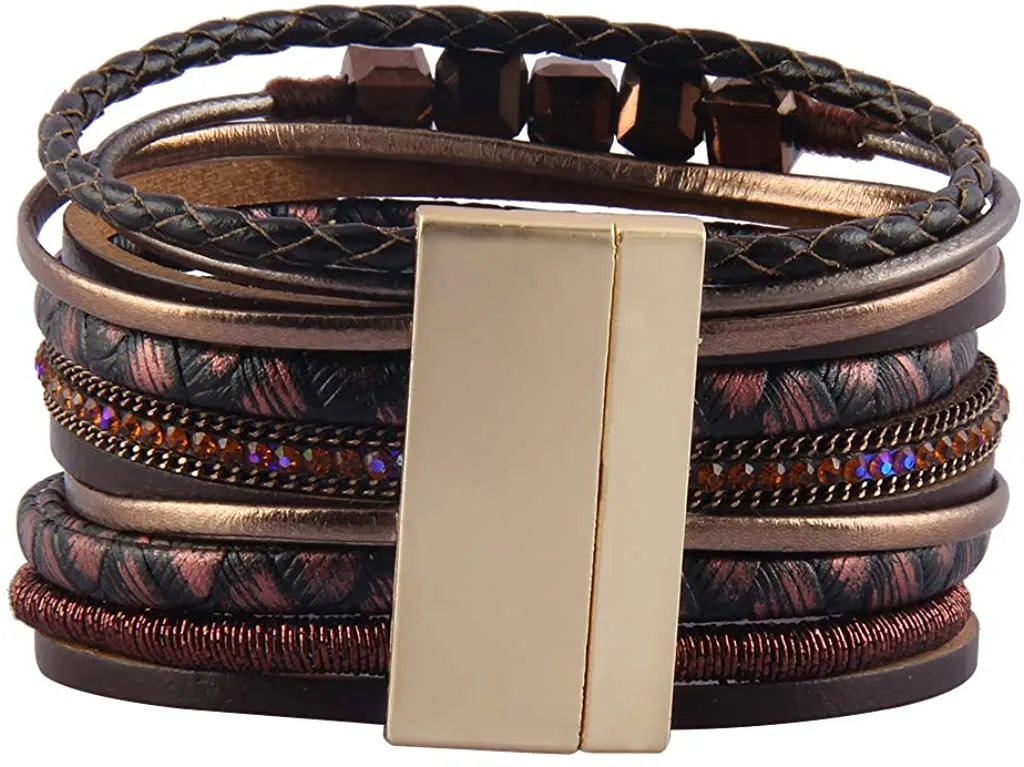 Women Leather Wrap Bracelet Multi Layer Wristband Feather Magnetic Closure