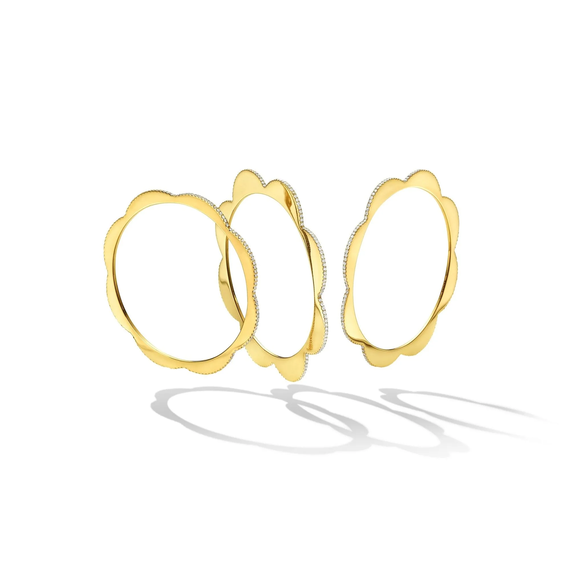 Yellow Gold Triplet Wide Bangle with White Diamonds