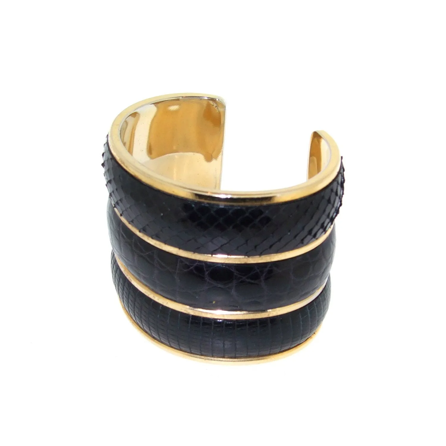 Yves Saint Laurent Cuff Bracelet Black Snakeskin