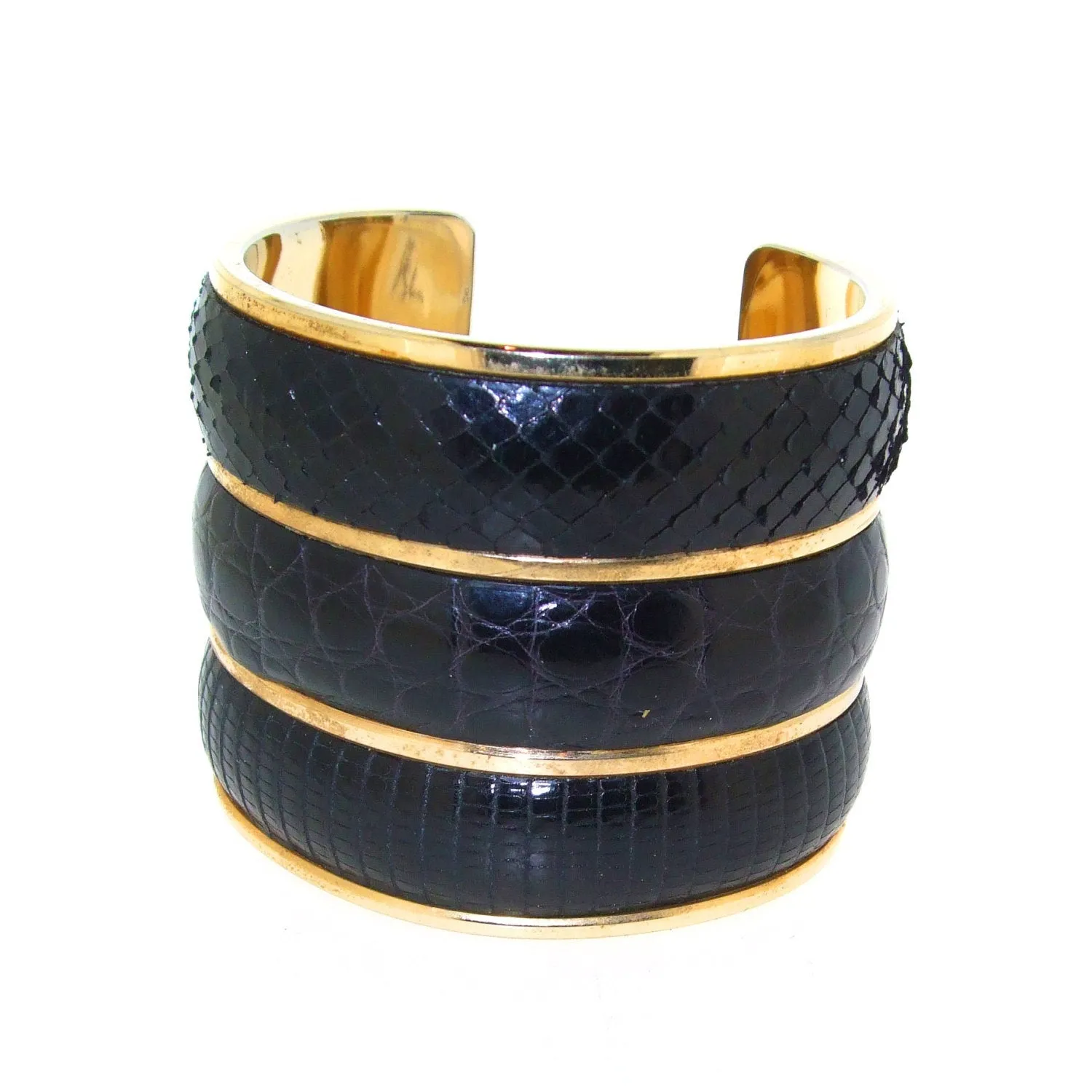 Yves Saint Laurent Cuff Bracelet Black Snakeskin